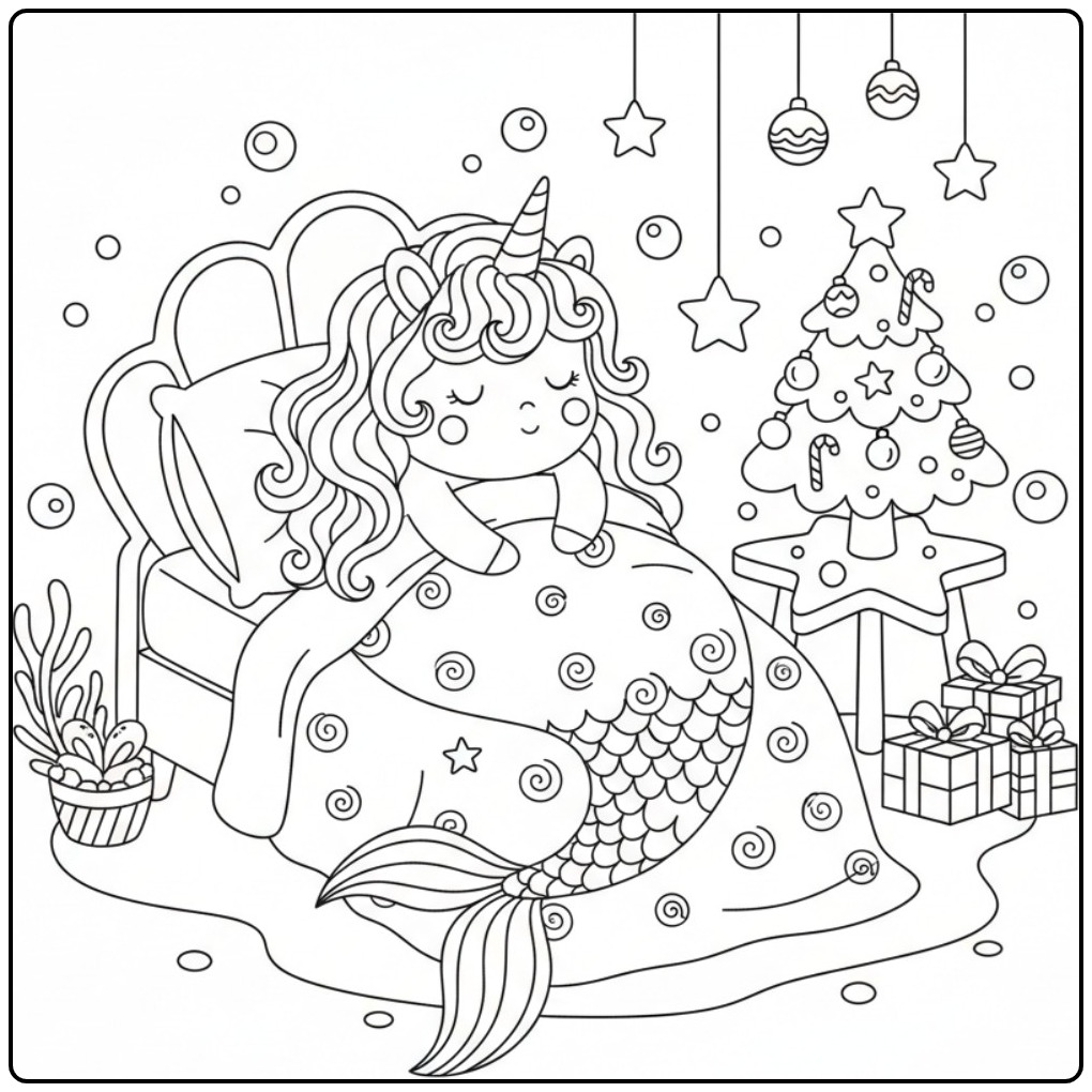 Een schattige Kleurplaat unicorn zeemeermin kerst slapend in bed.