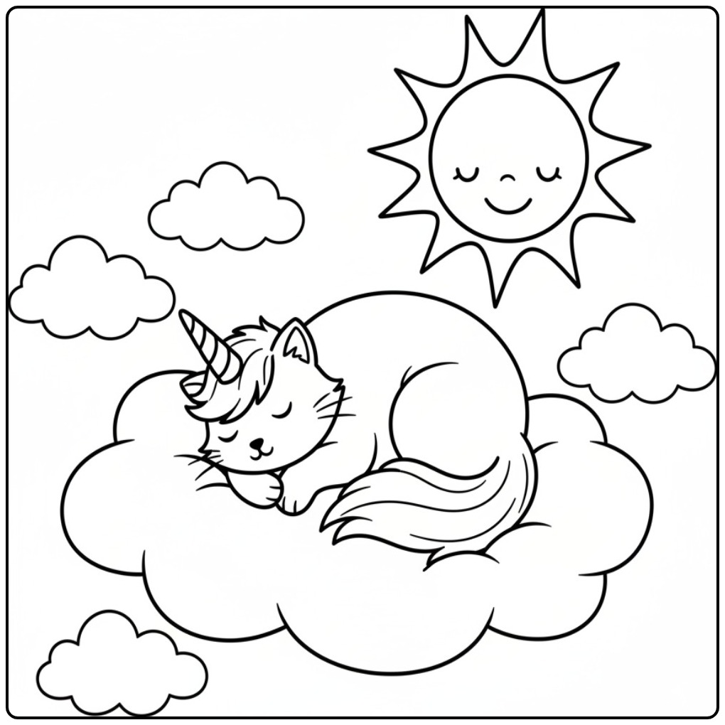 Een schattige slapende unicorn kat kleurplaat op een wolk.