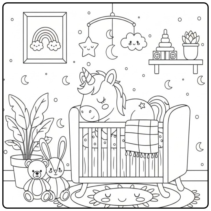 Een schattige Makkelijke baby unicorn slaap kleurplaat in wieg.
