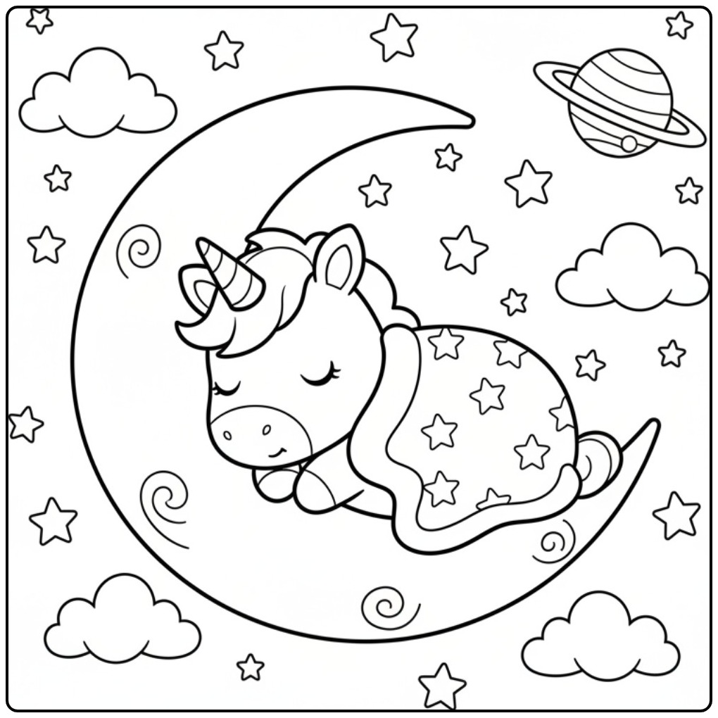 Een schattige Makkelijke baby unicorn slaap kleurplaat op de maan.