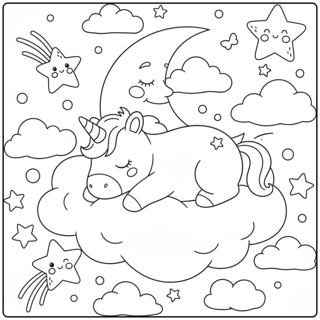 Een Makkelijke baby unicorn slaap kleurplaat met maan en sterren.