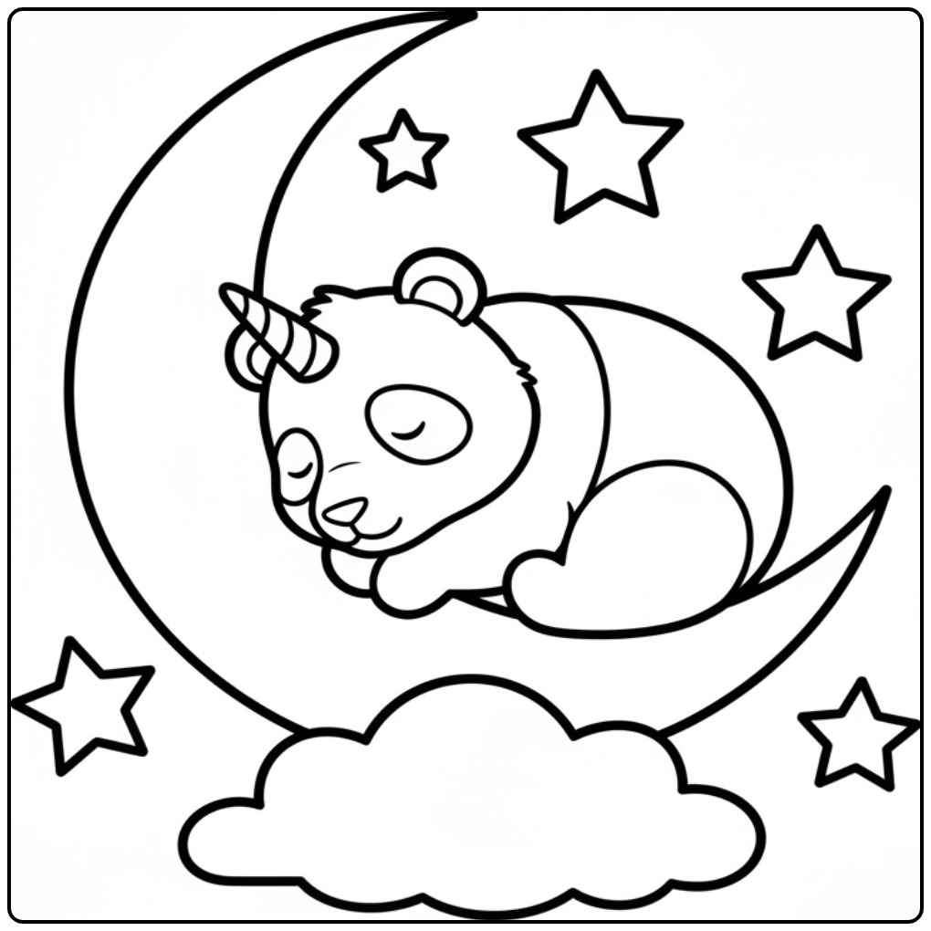 Slapende unicorn panda kleurplaat op een maansikkel.