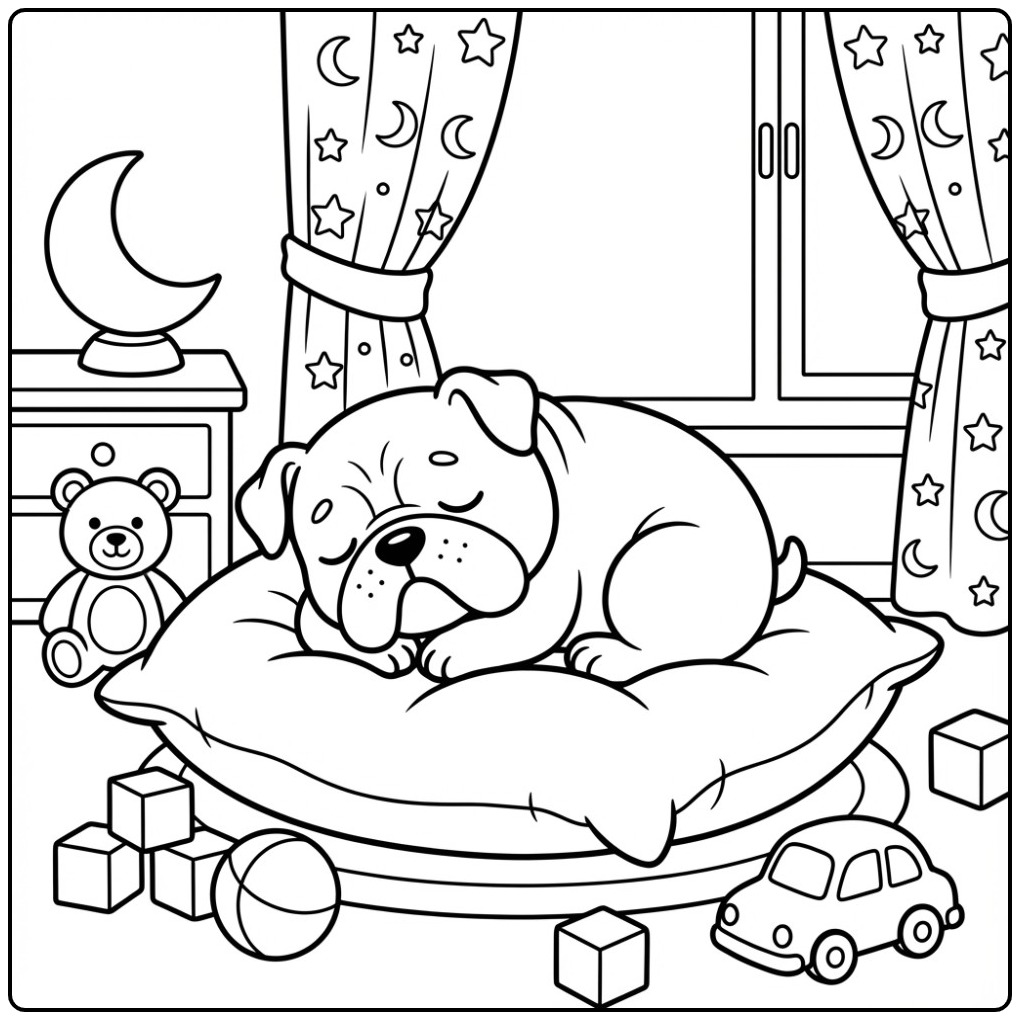 Schattige slapende pup op een kussen, een leuke kleurplaat bulldog.