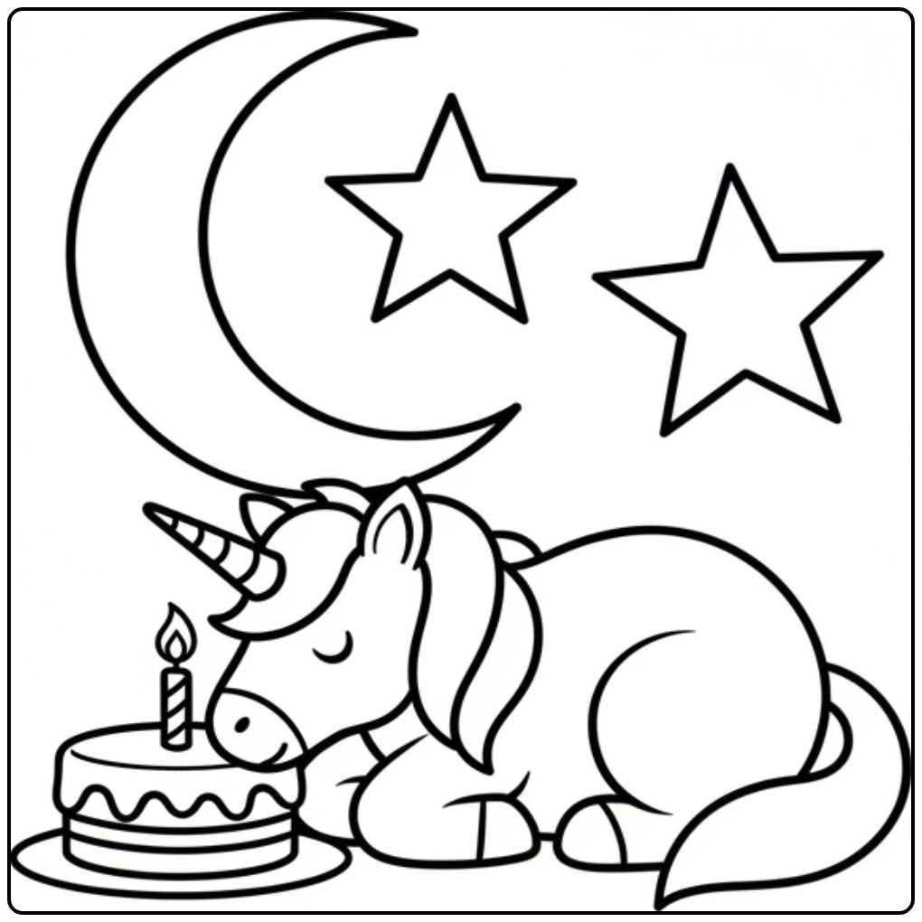 Slapende eenhoorn naast een taart, kleurplaat unicorn verjaardag.