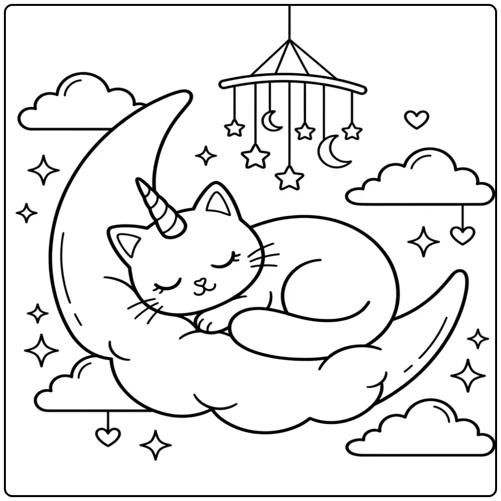 Schattige slapende unicorn kat kleurplaat op een maankussen.
