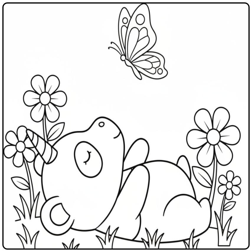 Een schattige unicorn panda kleurplaat met bloemen en vlinder.