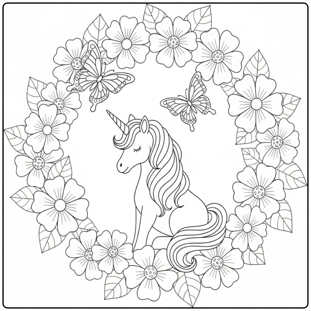 Vlinders kleurplaat unicorn, klaar voor kleur in de bloemenkrans.
