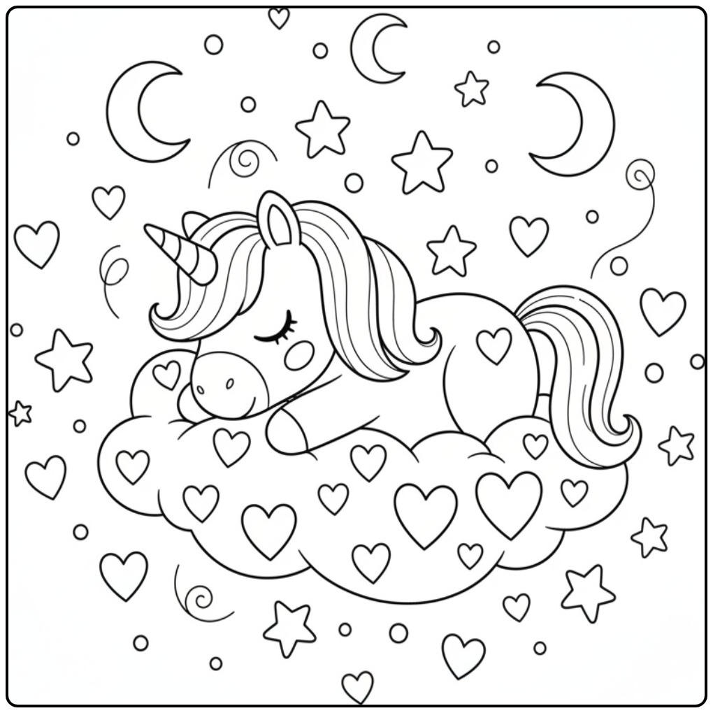 Kleurplaat eenhoorn prinses met hartjes, slapend op een wolk.