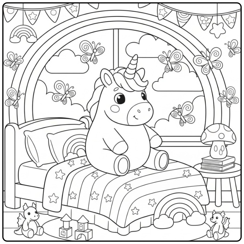 Kleurplaat unicorn en vlinders regenboog, schattig eenhoorn in slaapkamer.