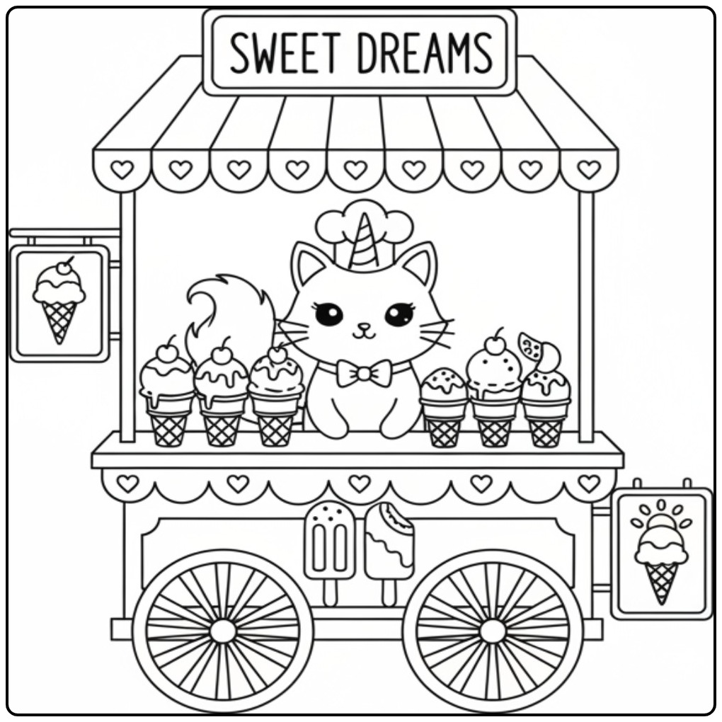 Een schattige unicorn kat kleurplaat met een ijskraam vol ijs.