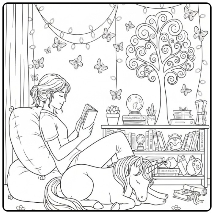 Rustige vlinders kleurplaat unicorn, meisje leest, unicorn droomt.
