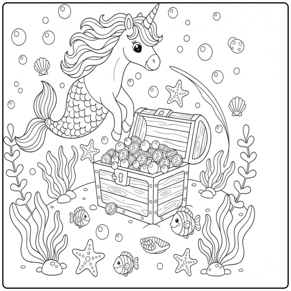 Magische kleurplaat unicorn zeemeermin bij een schatkist onder water.