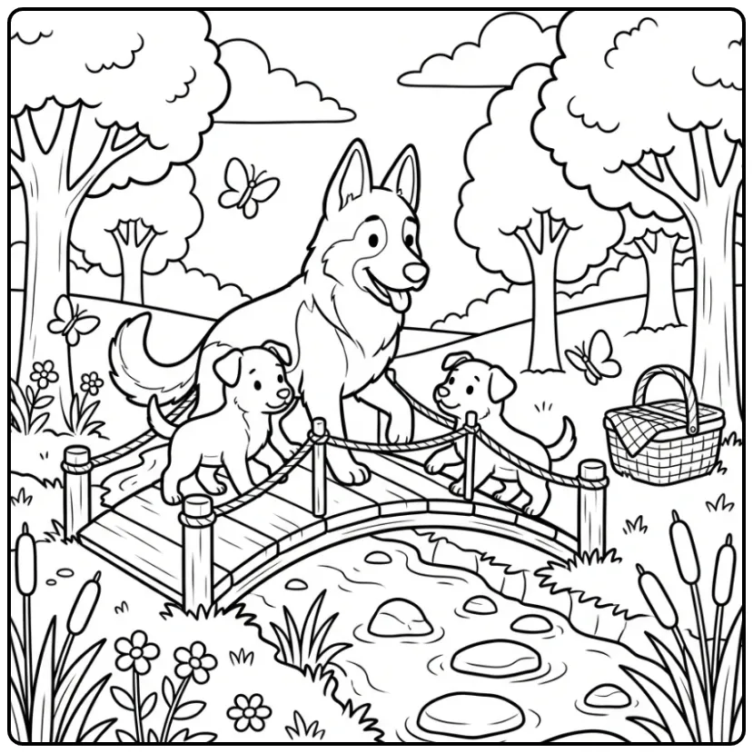 Leuke kleurplaat honden puppies en herder in het park.