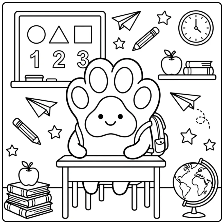 Schattige hondenpoot kleurplaat met schoolspullen en boeken.