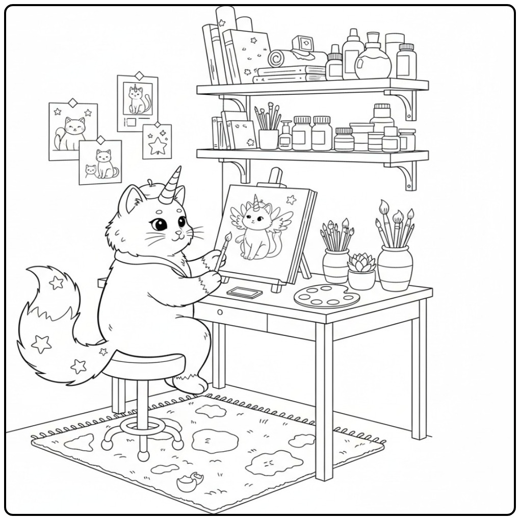 Een creatieve unicorn kat kleurplaat in een kunstatelier.
