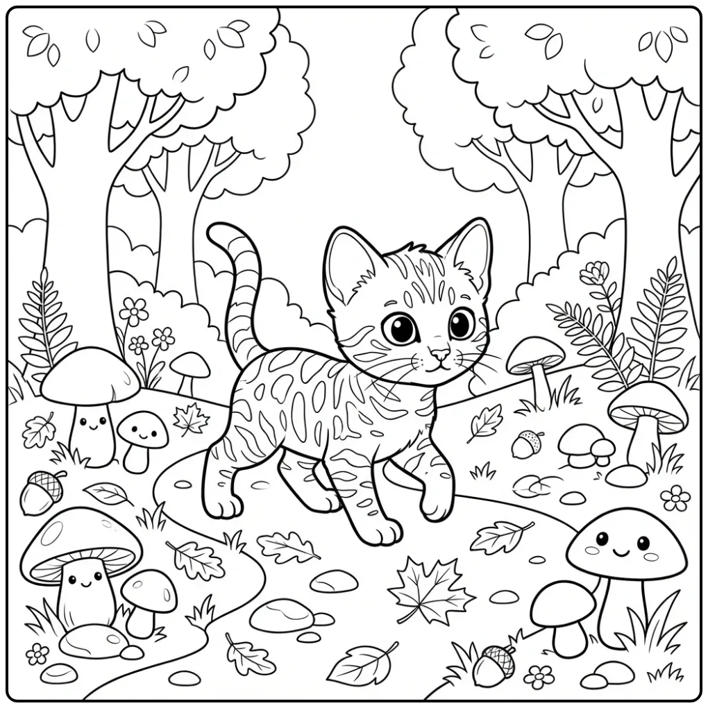 Download deze unieke kleurplaat kitten schattig in het bos.