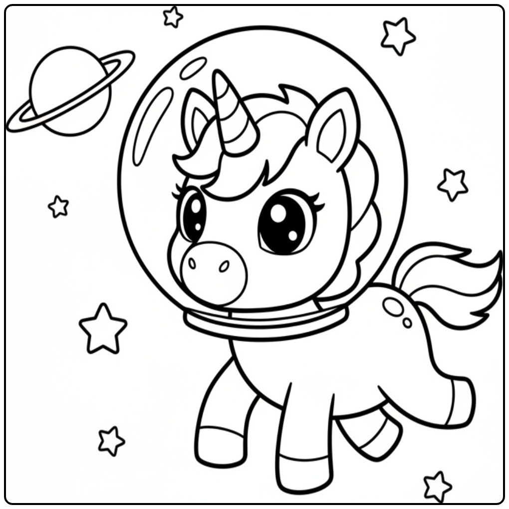 Schattige baby unicorn kleurplaat met een astronautenhelm op.