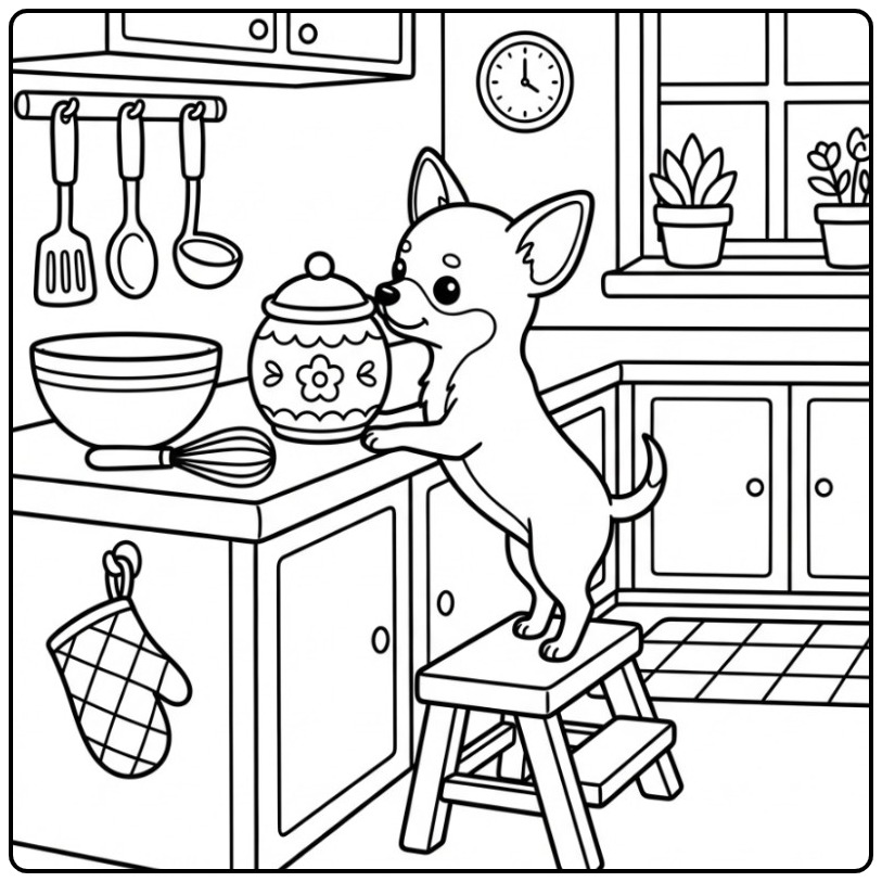 Schattige kleurplaat chihuahua op een krukje in de keuken.