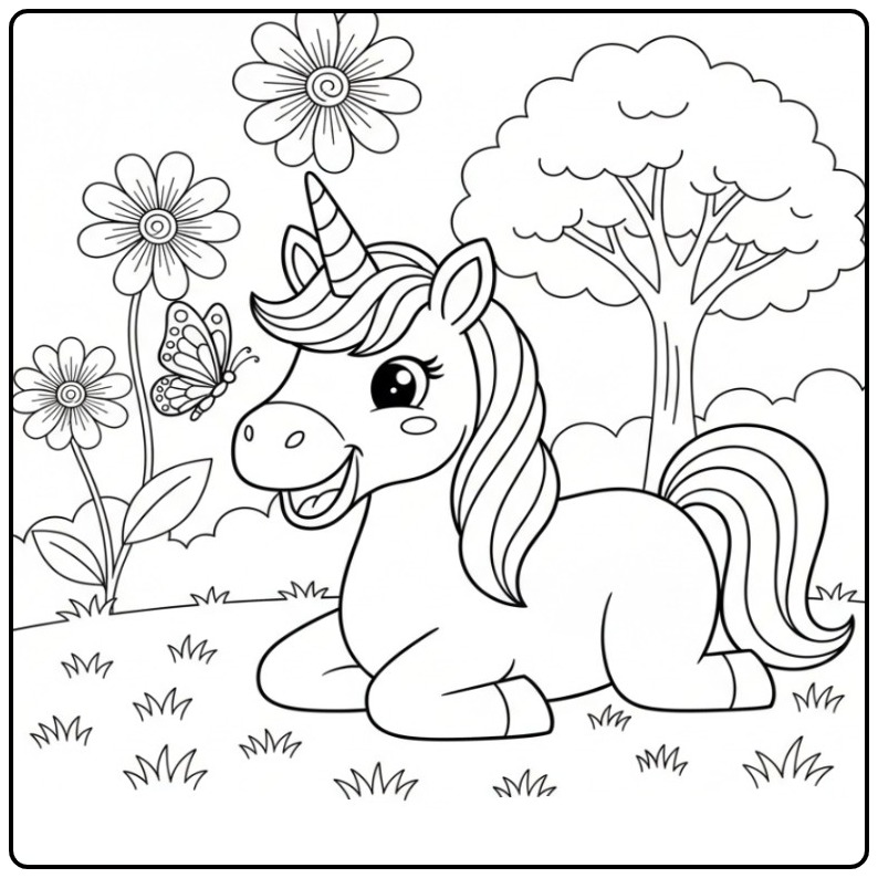 Lachende vlinders kleurplaat unicorn in gras met bloemen.