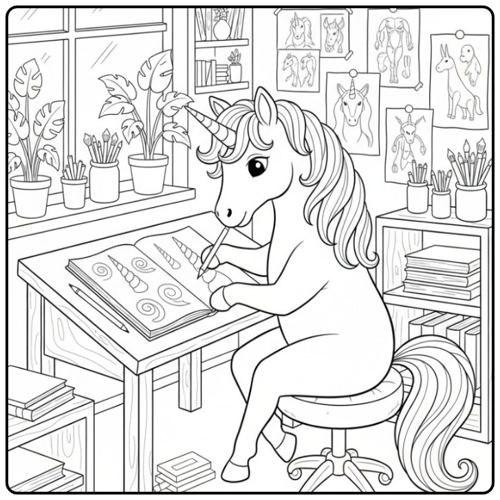 Artistieke eenhoorn met een unicorn hoorn kleurplaat.