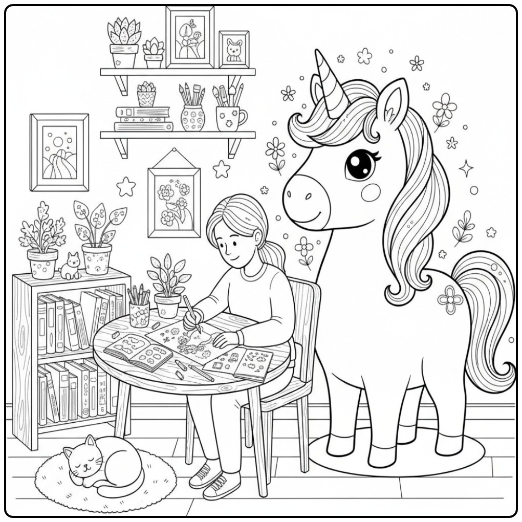 Meisje tekent in haar kamer een kleurplaat eenhoorn schattig.