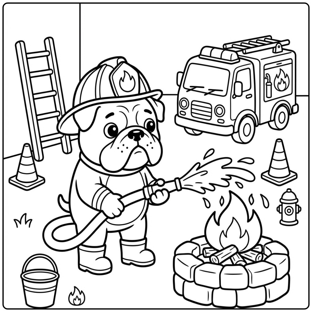 Kleurplaat bulldog als brandweerhond die een kampvuur blust.