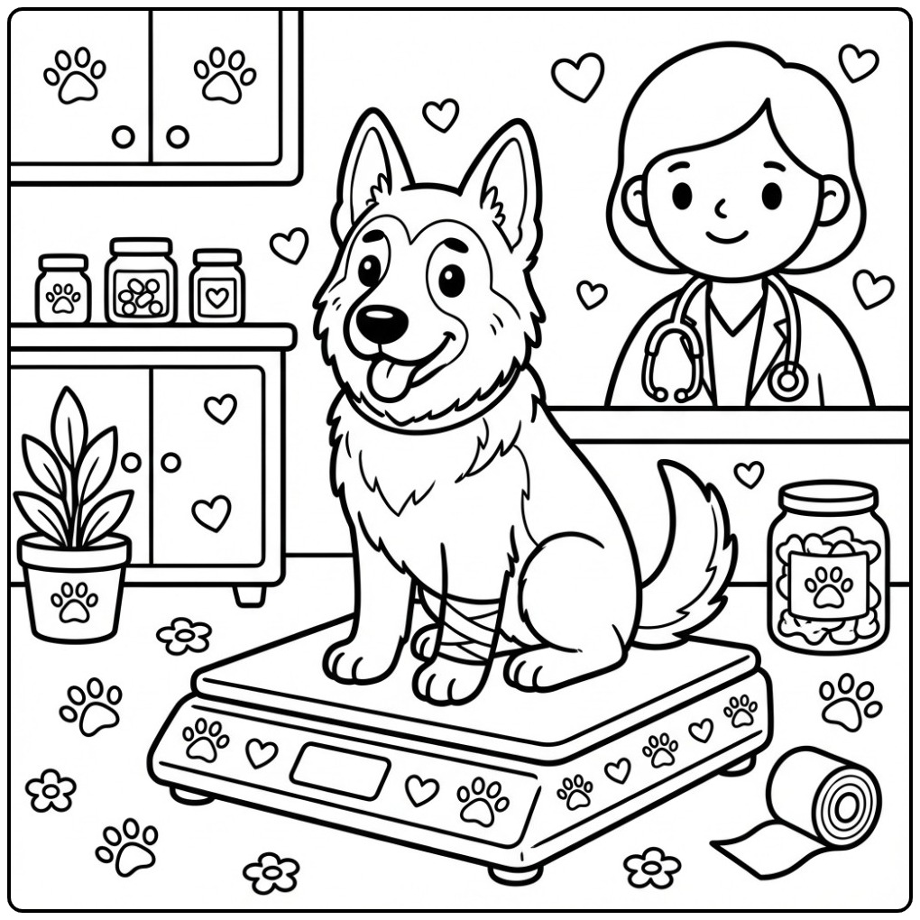 Een schattige kleurplaat duitse herder bij de dierenarts.