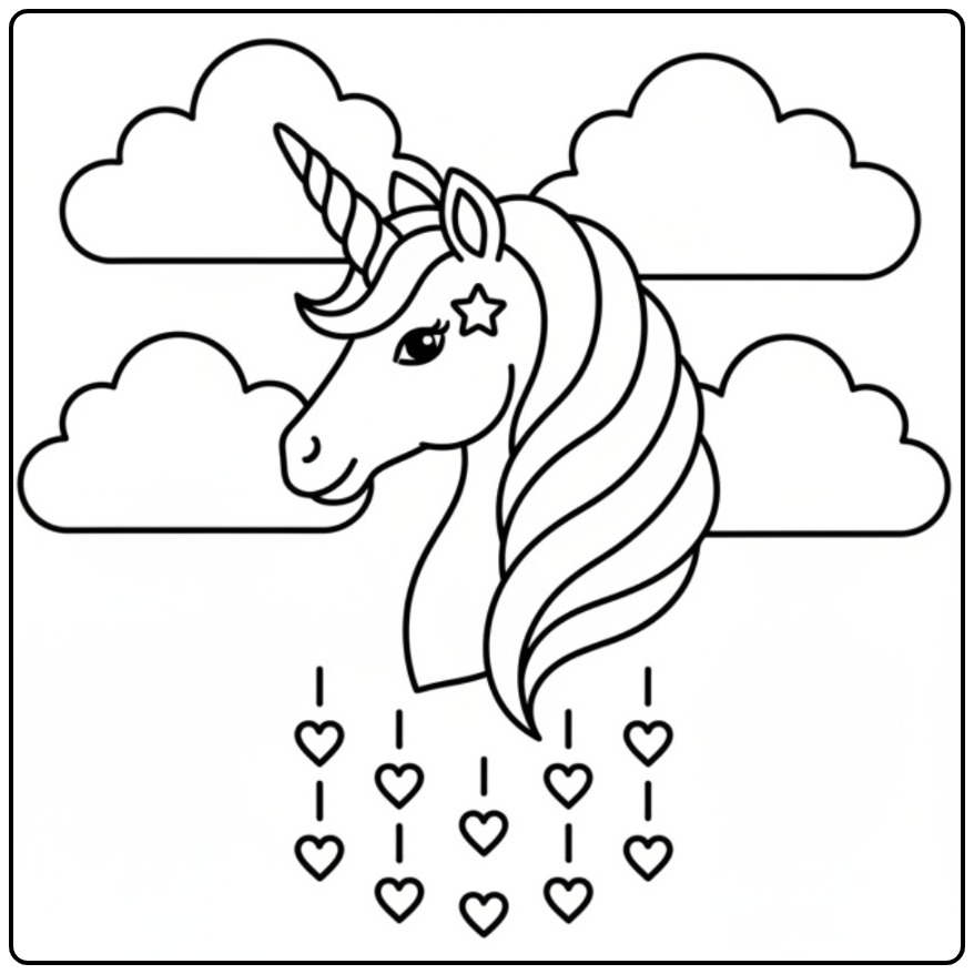 Magische kleurplaat eenhoorn hoofd met wolken en hartjesregen.