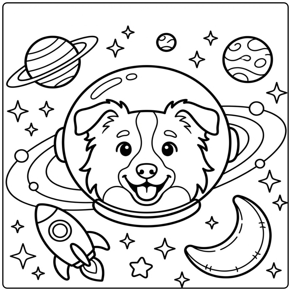 Schattige kleurplaat hondenkop van een Border Collie astronaut.