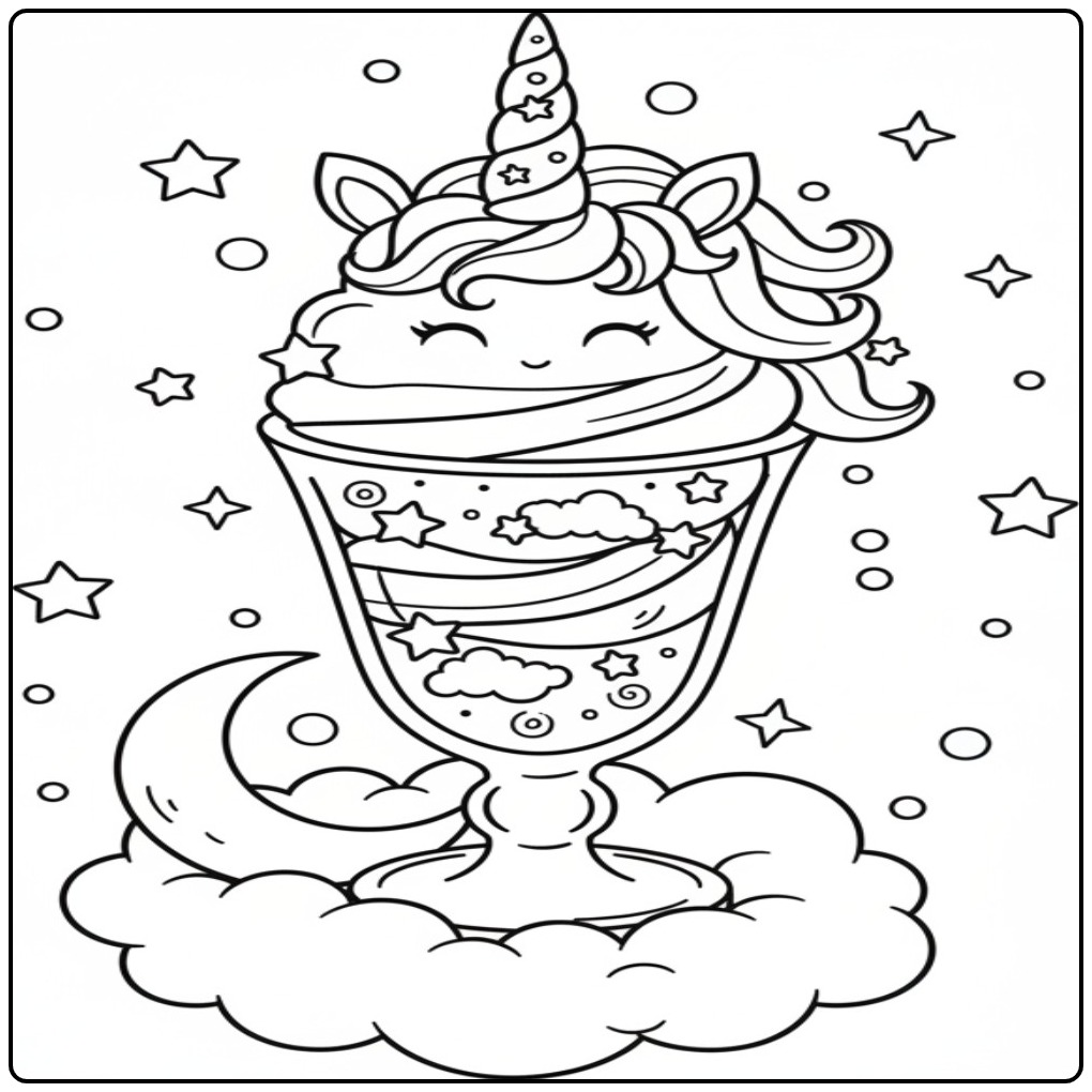 Kleurplaat eenhoorn-ijscoupe in een glazen beker, zoet en magisch.