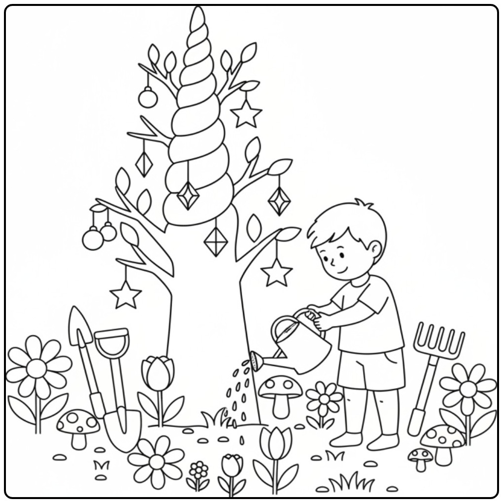 Een jongen geeft een magische unicorn hoorn kleurplaat water.