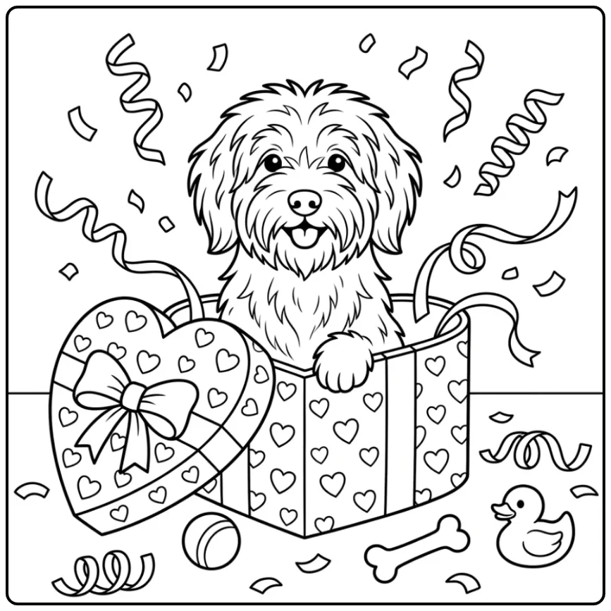 Vrolijke Schapendoes als kleurplaat hond met hartjes cadeau.