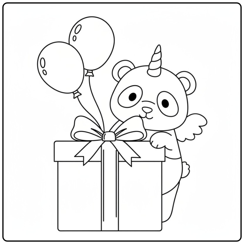Schattige unicorn panda kleurplaat met een groot cadeau en ballonnen.