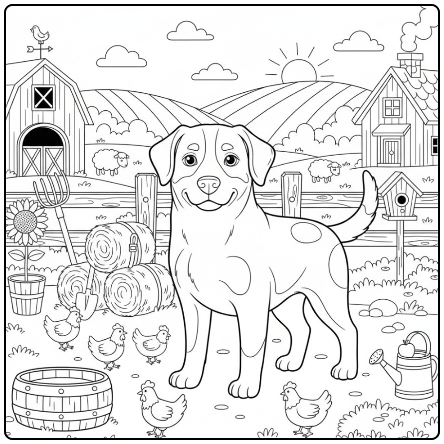 Grote Zwitserse Sennenhond op een boerenerf, een kleurplaat hond moeilijk.