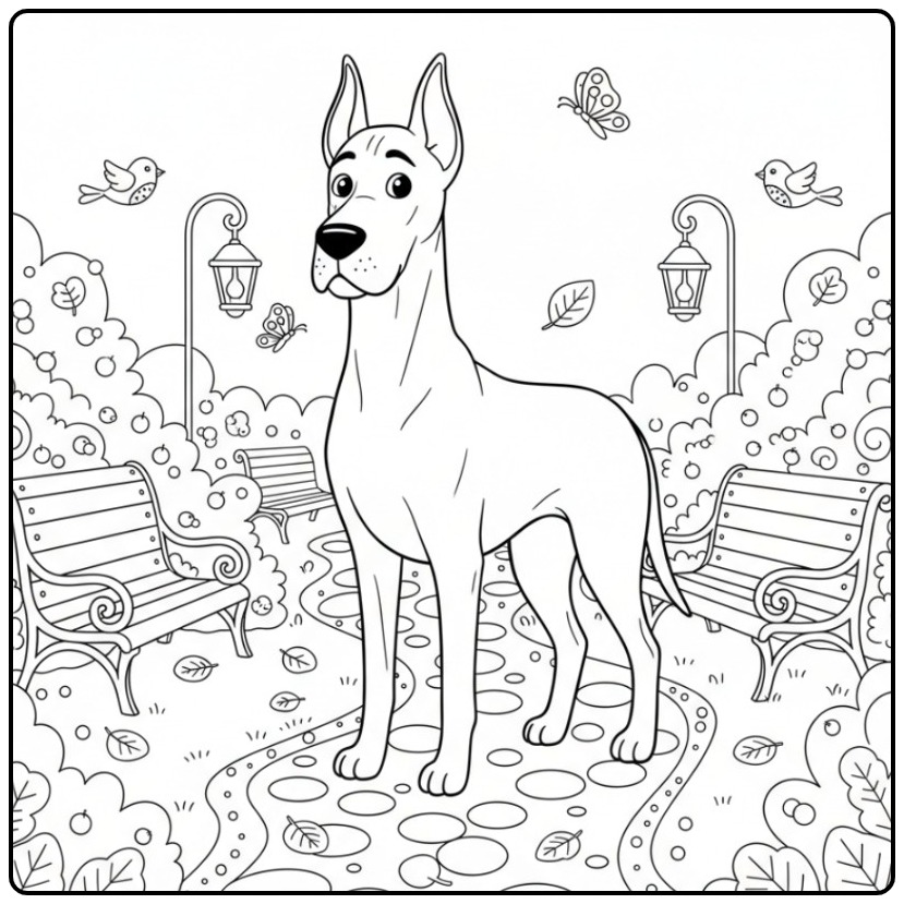 Elegante Deense Dog in een park, kleurplaat hond moeilijk.