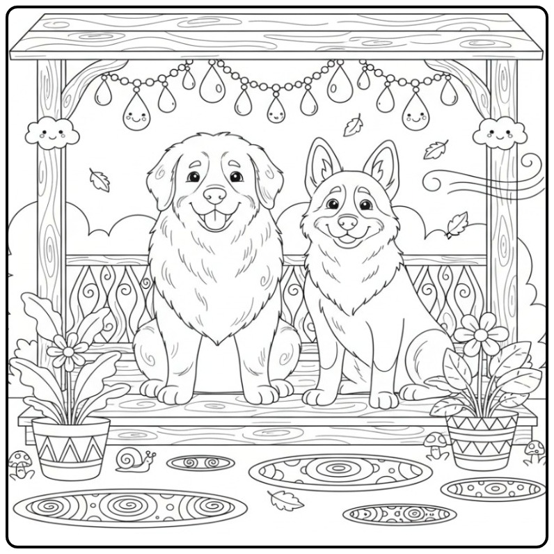 Drie honden op een veranda, een honden kleurplaat moeilijk.