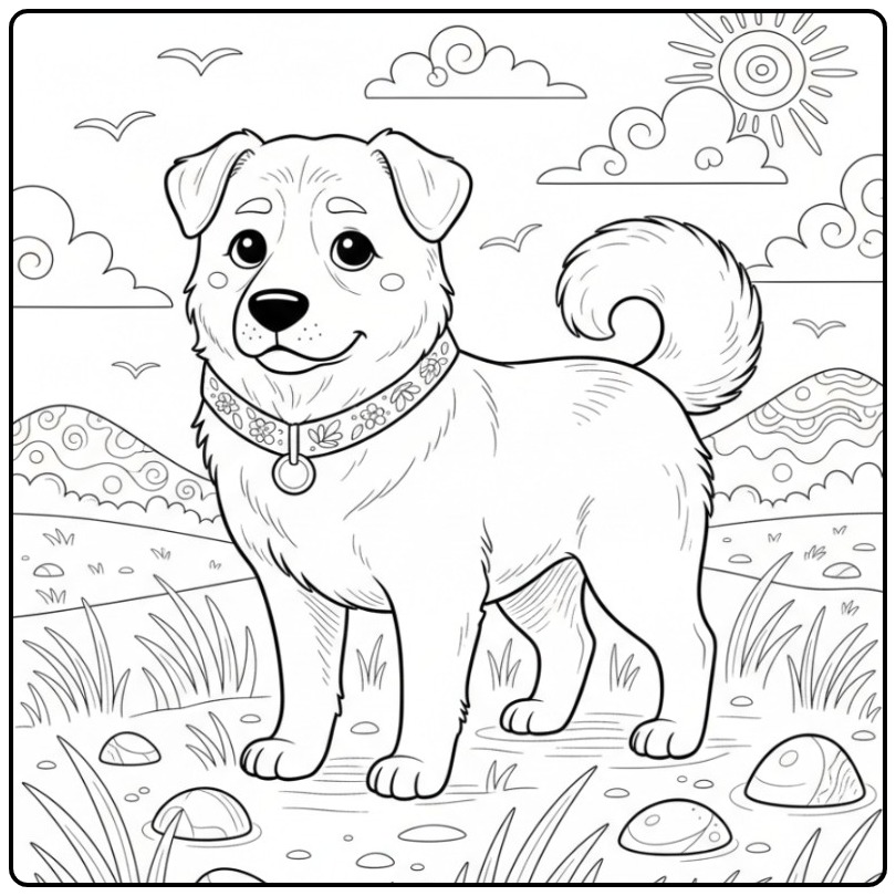 Stabiele herder in een winderig veld, een kleurplaat hond moeilijk.