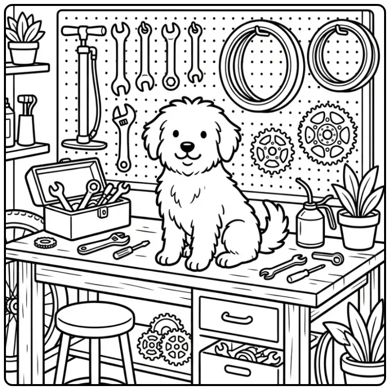 Schattige kleurplaat hond volwassenen van een Smoushond in een werkplaats.