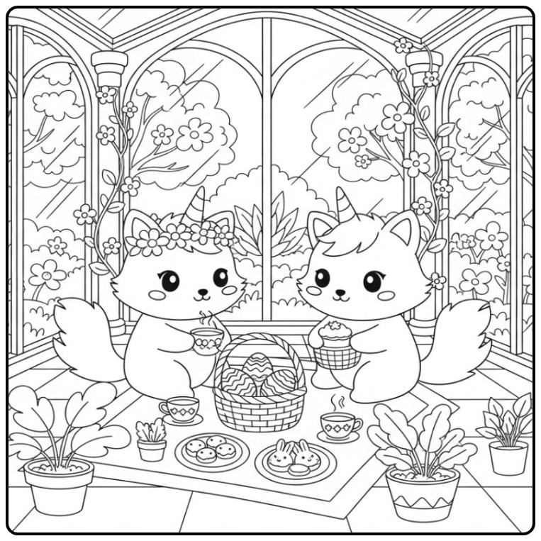 Caticorns met een paasmand, Eenhoorn kat Pasen Kleurplaat.