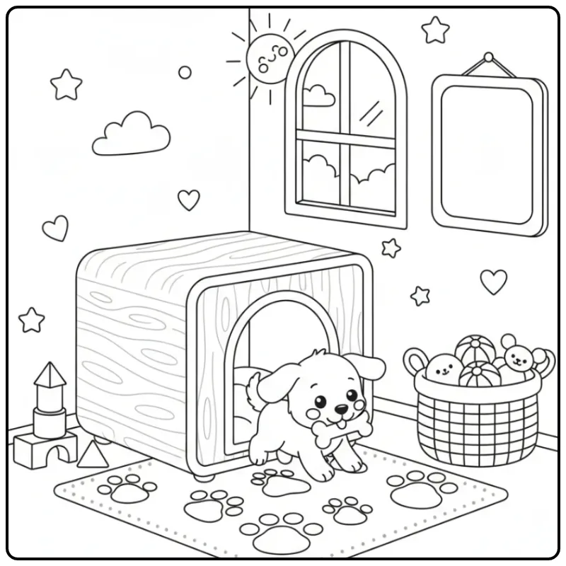 Vrolijke puppy met een speeltje, een leuke kleurplaat hondenhok.