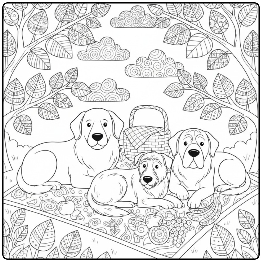 Grote honden op een picknick, een honden kleurplaat moeilijk.