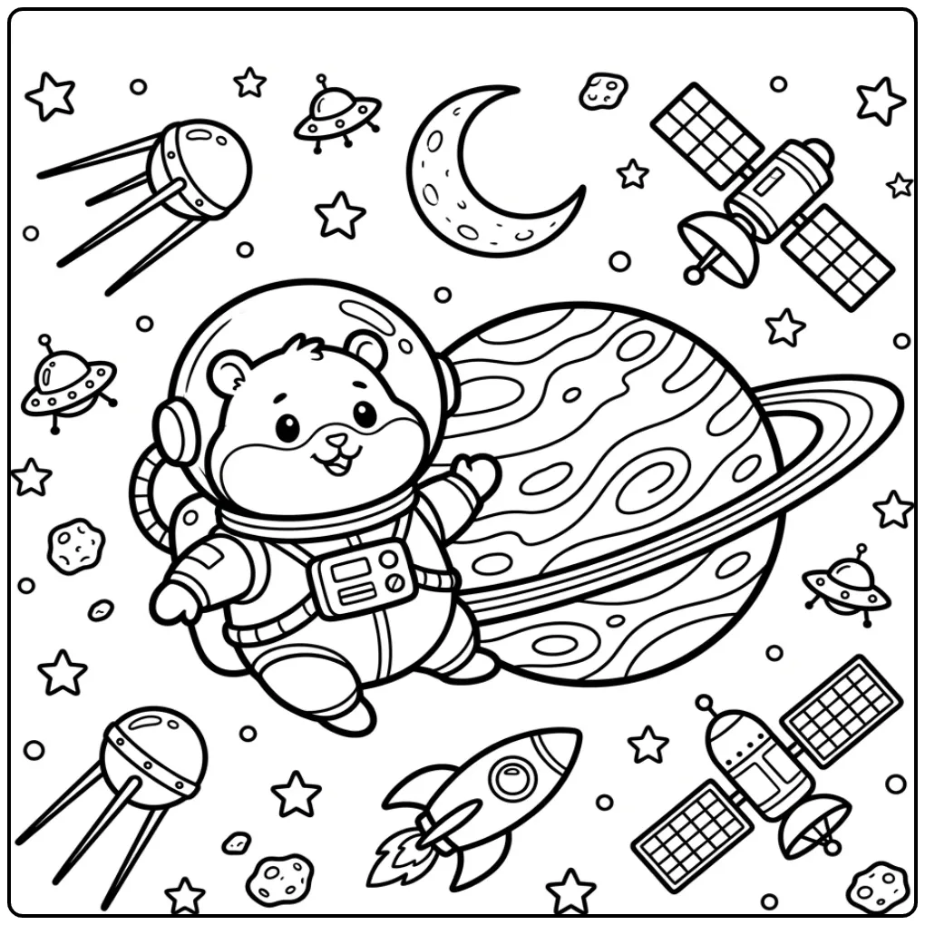 Ruimte avontuur kleurplaat hamster schattig tussen sterren.