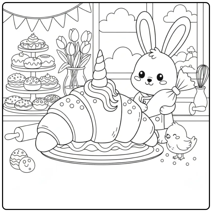 Schattige Kleurplaat unicorn paastaart met een konijnenbakker.