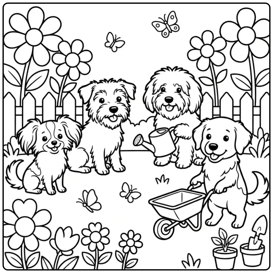 Vier schattige honden in de tuin, een honden kleurplaat makkelijk.