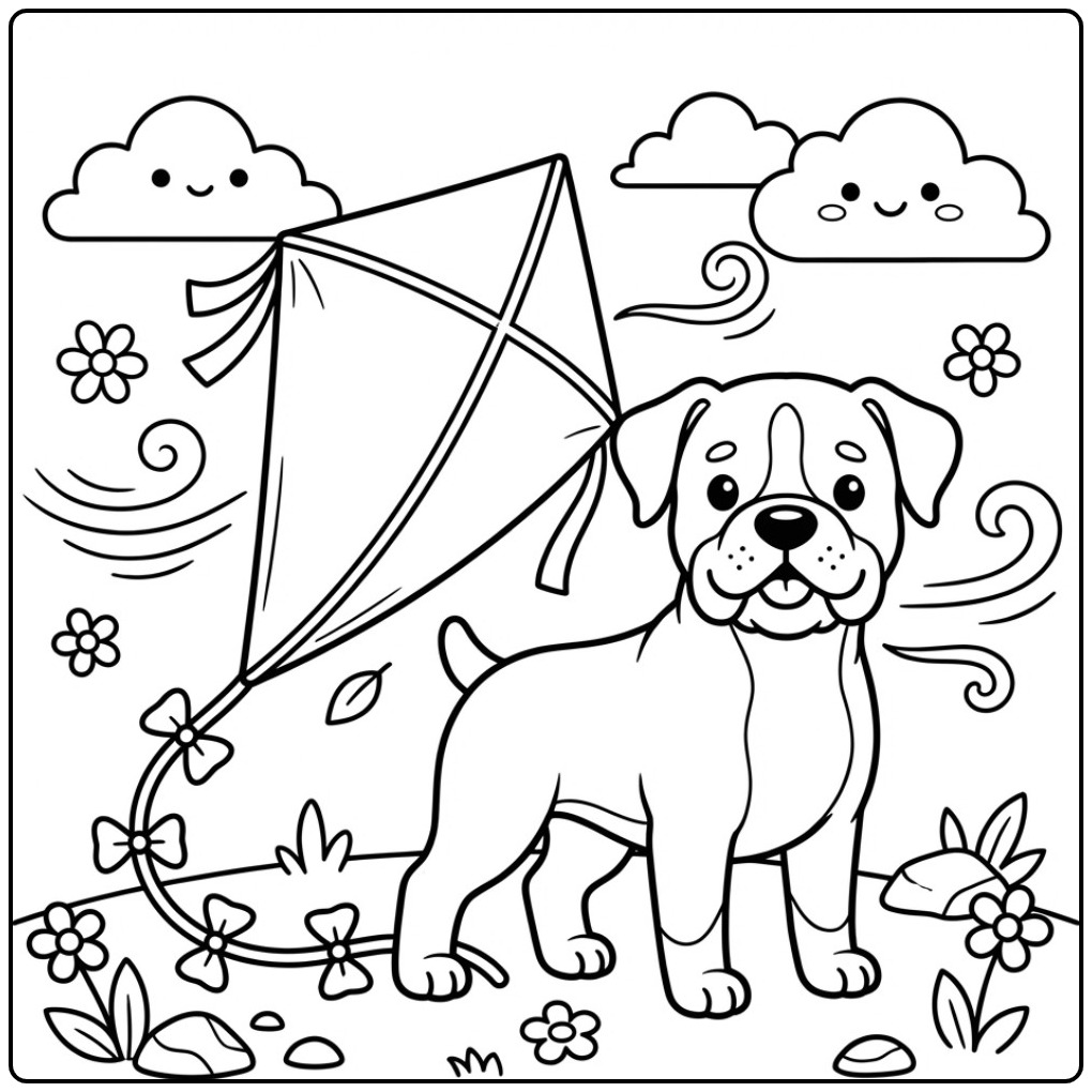 Vrolijke kleurplaat boxer hond met een vlieger en blije wolken.