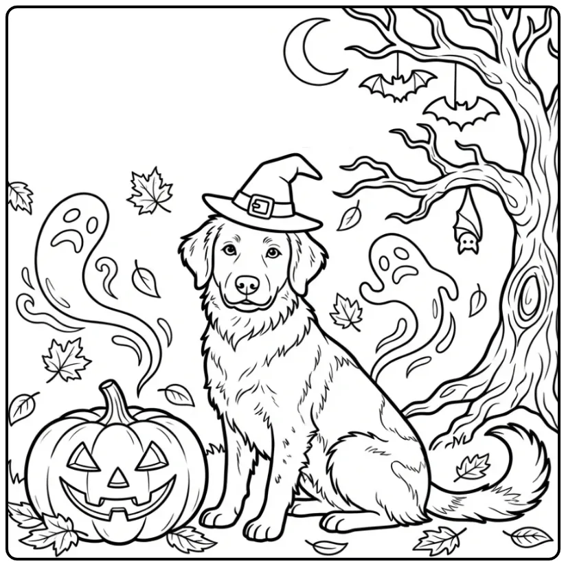 Vrolijke kleurplaat halloween hond met een grappige heksenhoed.