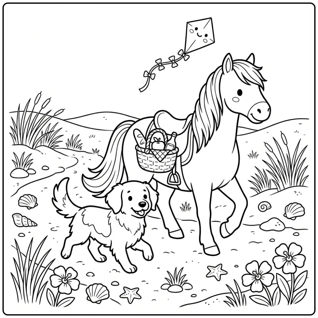 Vrolijke kleurplaat hond en paard op avontuur bij het strand.