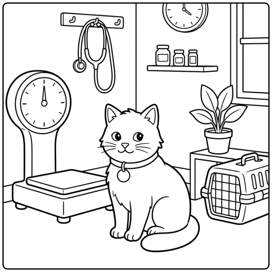 Kleurplaat kat met halsband naast een weegschaal.