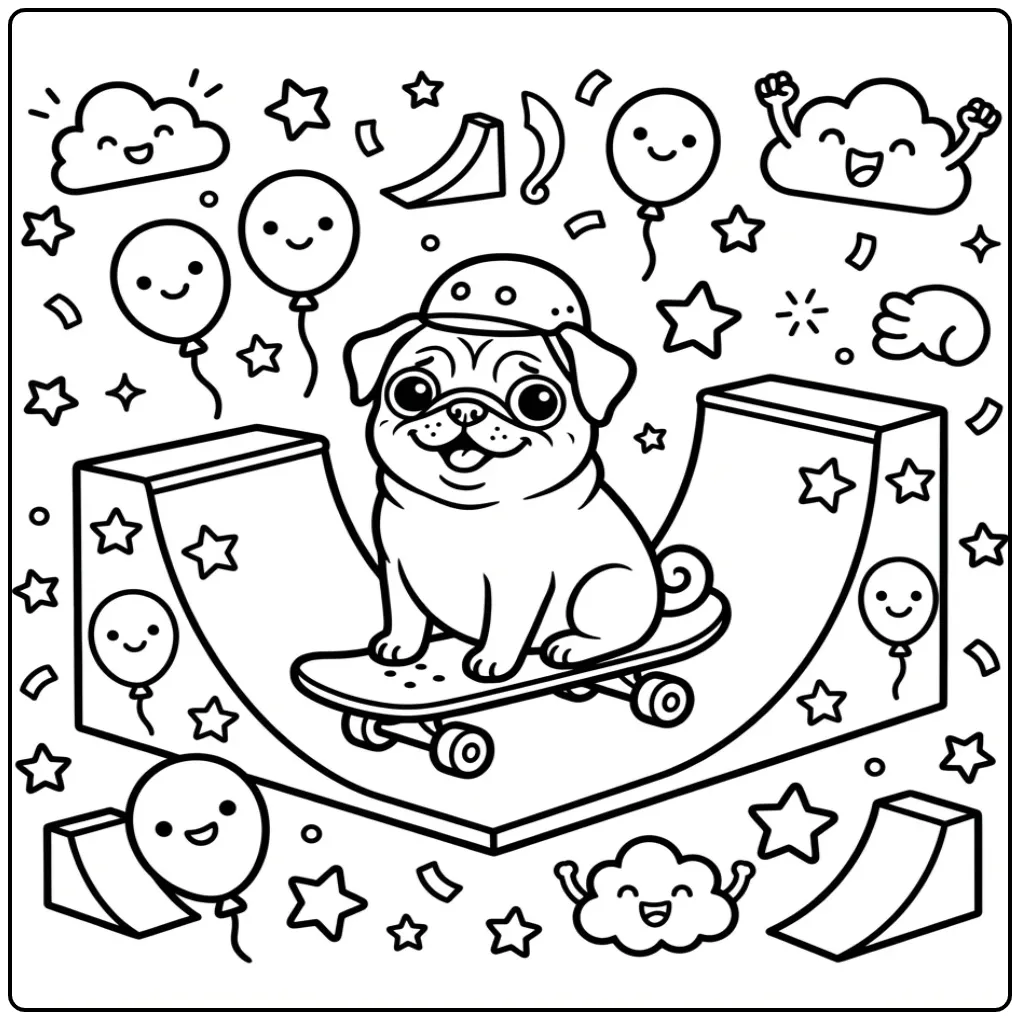 Kleurplaat schattige puppy op een skateboard met helm.