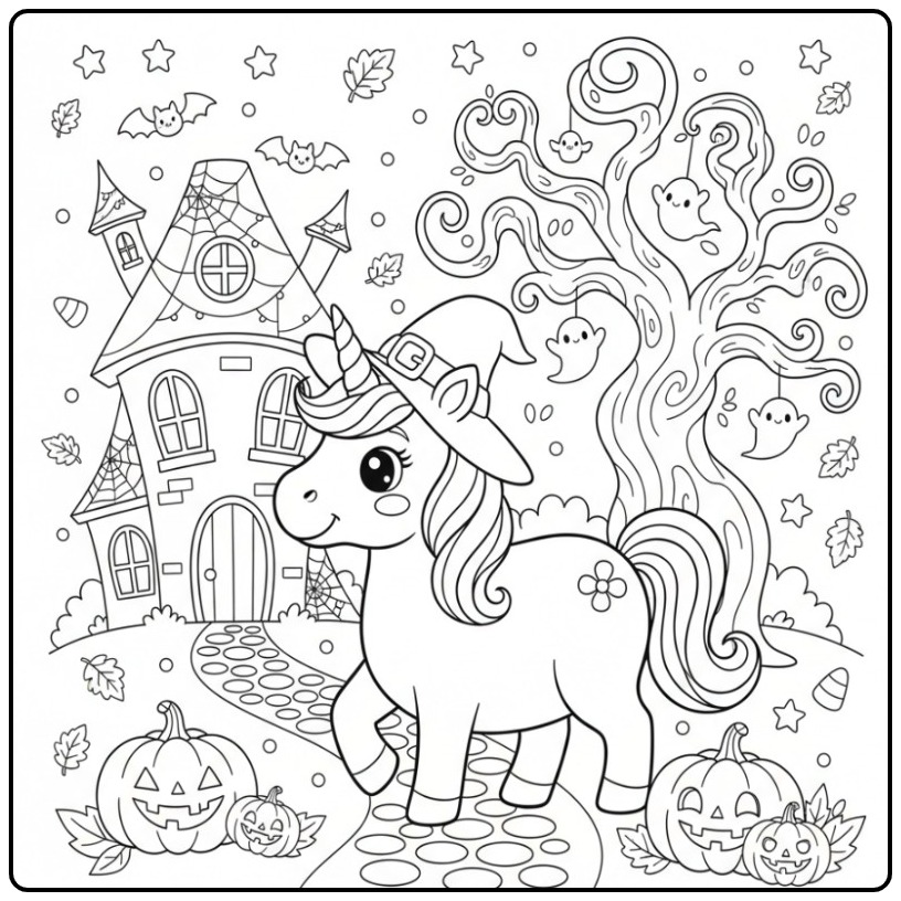 Leuke Makkelijke halloween unicorn kleurplaat met een heksenhoed.